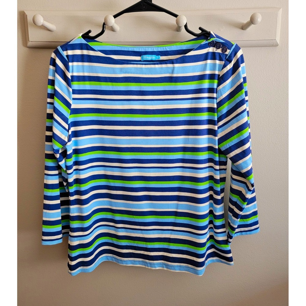 J.McLaughlin Women's M Blue Green Striped Boat Neck 3/4 Sleeve Knit Top Stretch